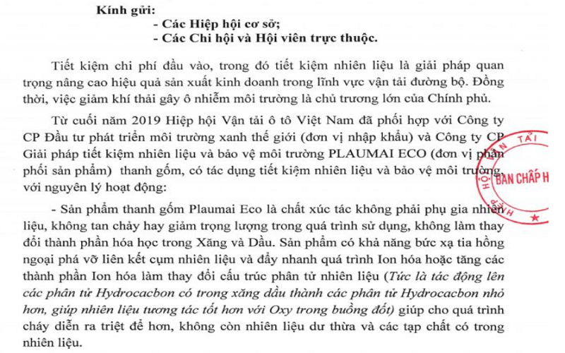 Hiệp hội Vận tải Ô tô Việt Nam chính thức công bố kết quả thử nghiệm và khuyến khích sử dụng Plaumai Eco